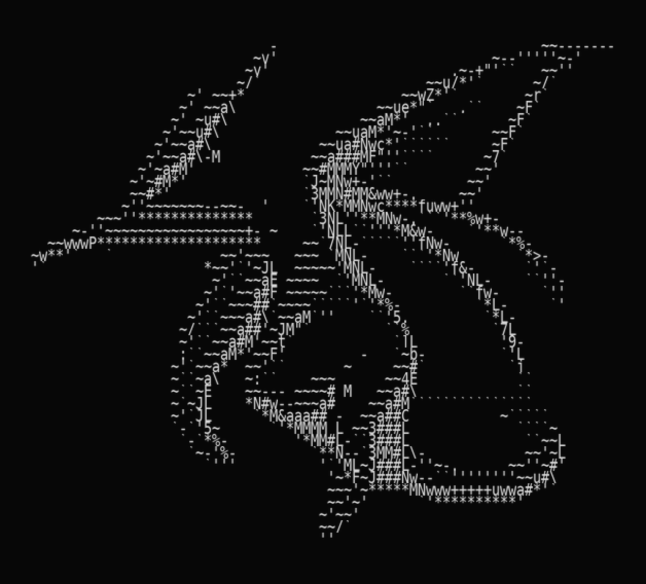 A tonal ASCII dragon with horned head, sweeping neck and folded wing membrane